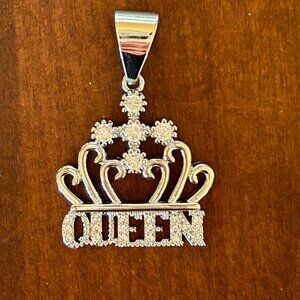 Queen Crown Pendant Necklace Silver Tone With Rhinestones